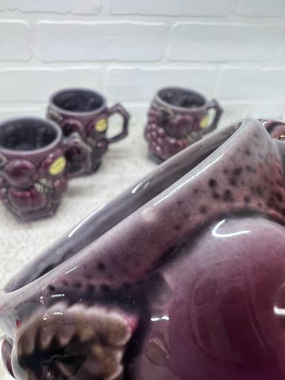 Inarco "Cool Claret" Plum Colored Ceramic Coffee Pot w/ 4 Mugs Circa 1960's
