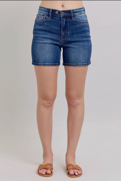 Judy Blue High Waisted 2 Button Mid Length Dad Shorts S-M-L Dark Wash