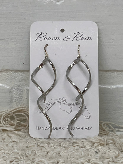 Raven & Rain Twisted Stainless Steel Earrings - Silver Dangle, 2.5"