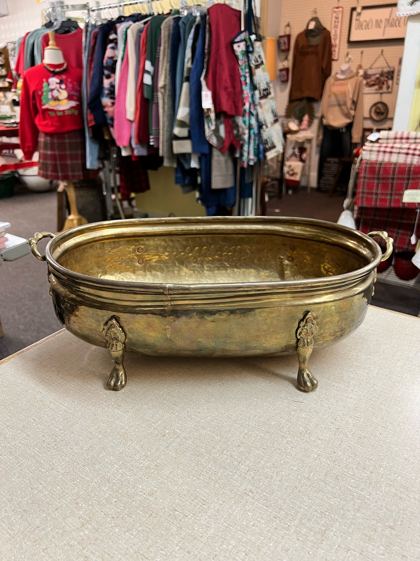 Footed hammered brass shallow oval planter