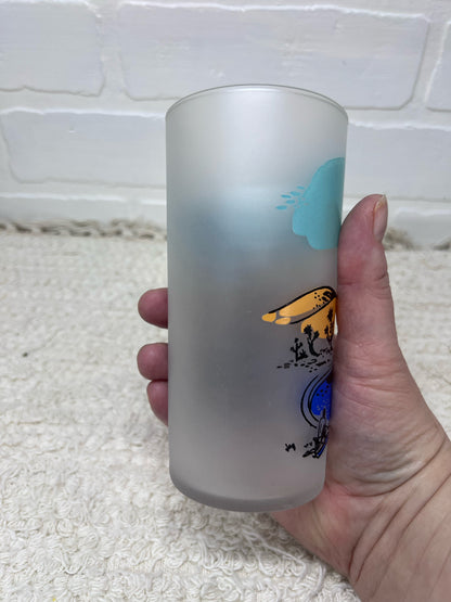 Vintage California Scenes Frosted Glasses Set of 8 Original Wire Carrier MCM Bar
