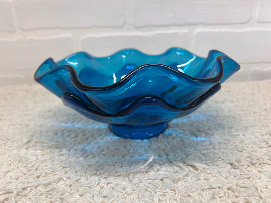 Viking Glass MCM Double Ruffle Blue Blown Glass Bowl