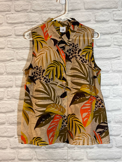 Size L CAbi Button Front Tripical Pattern Sleeveless Blouse