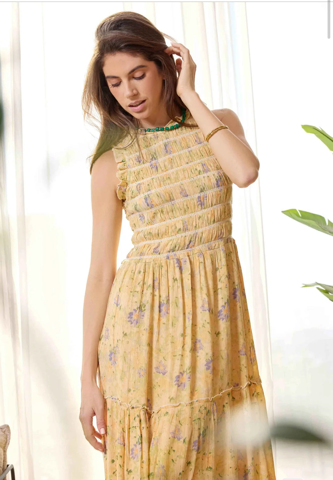 Bohera Summertrace Floral Smocked Sleeve Maxi Dress in Pale Yellow