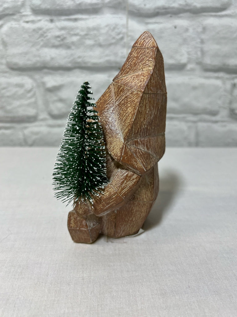 Faux wood carved gnome w/ bottlebrush tree