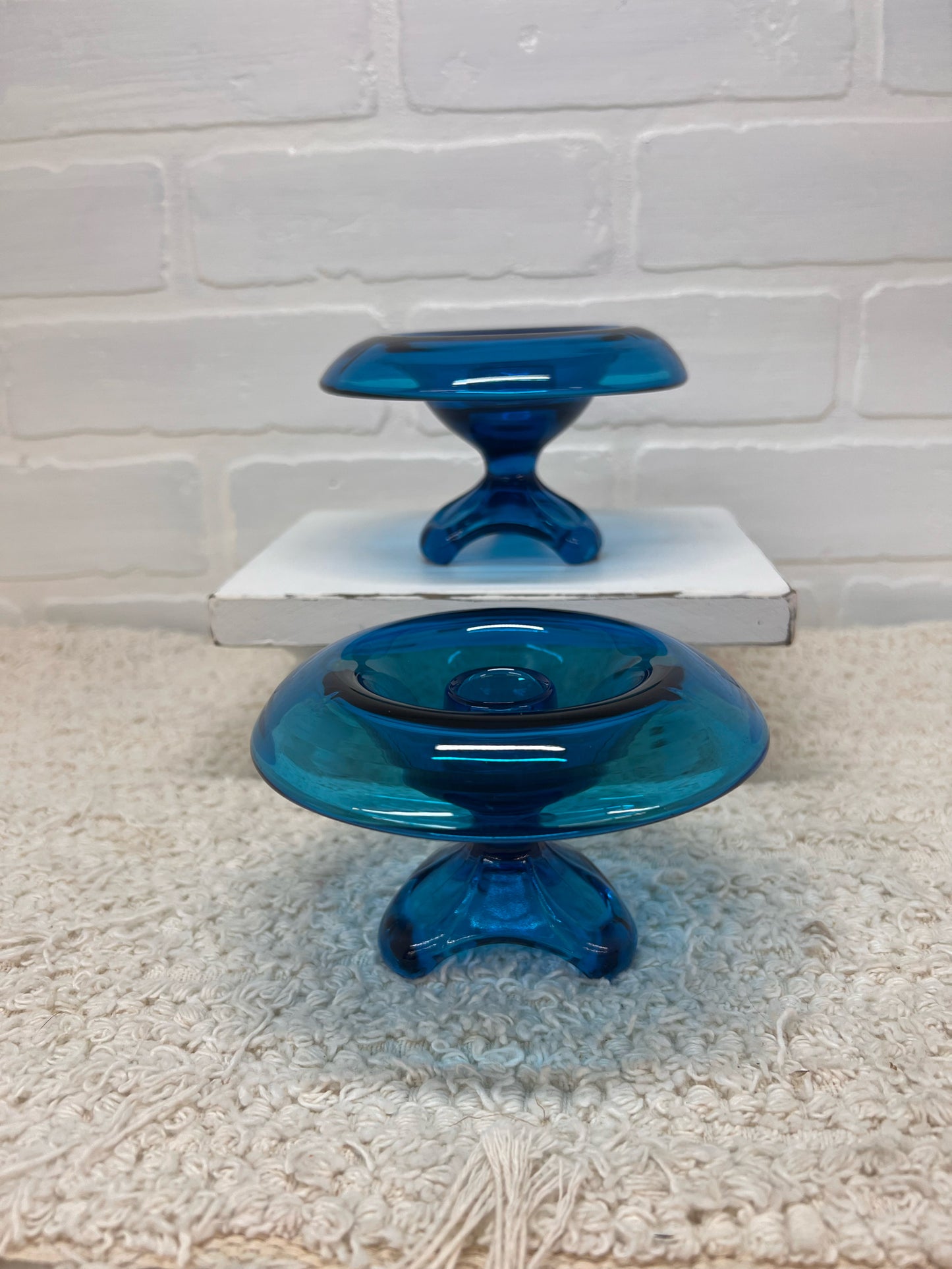Viking Glass MCM Blue Blown Glass Taper Candle Holders (2)