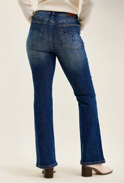Judy Blue Midrise Daisy Bootcut Jeans with Harness Trim - Dark Sunset Ride