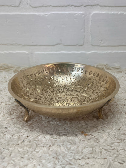 Small Vintage Brass Engraved Three Footed Bowl
