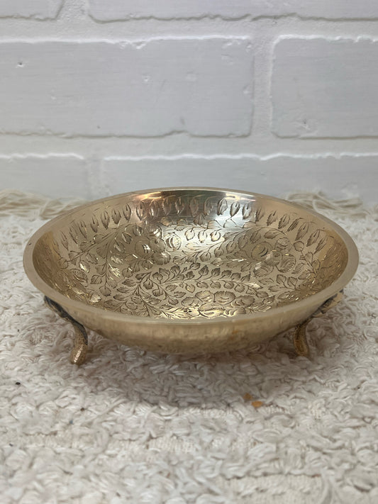 Small Vintage Brass Engraved Three Footed Bowl
