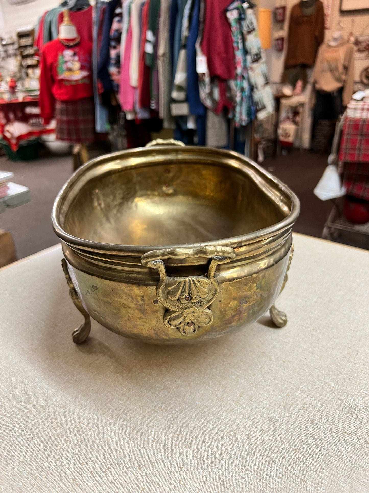 Footed hammered brass shallow oval planter