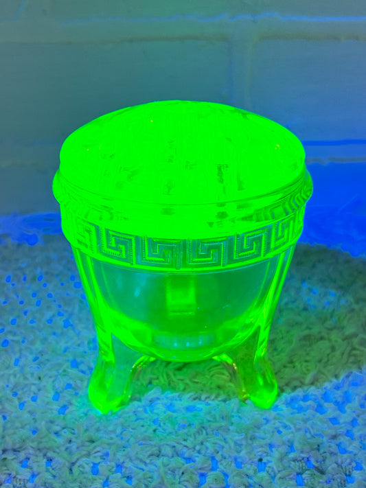 Uranium glass lidded vase w/ flower frog