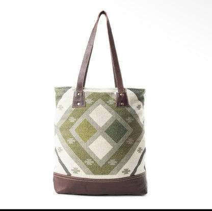Myra Bag Handwoven Cotton & Leather Checkered Tote Bag