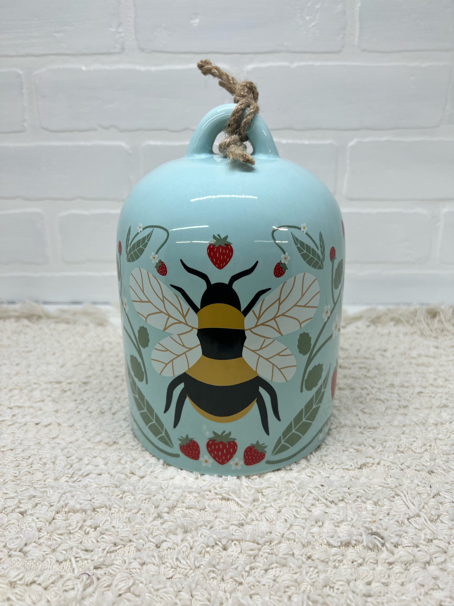 Blue ceramic strawberry bee bell