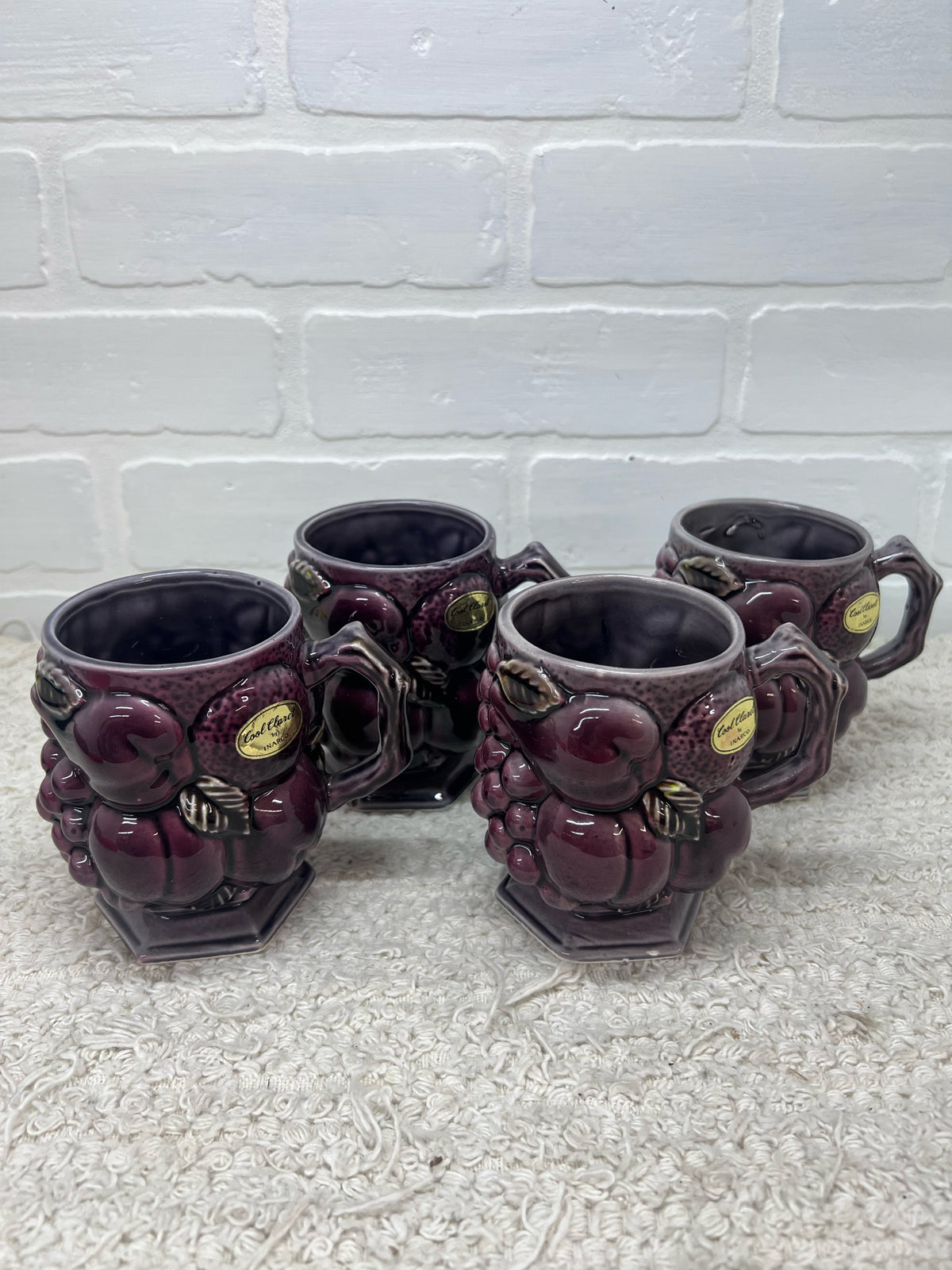 Inarco "Cool Claret" Plum Colored Ceramic Coffee Pot w/ 4 Mugs Circa 1960's