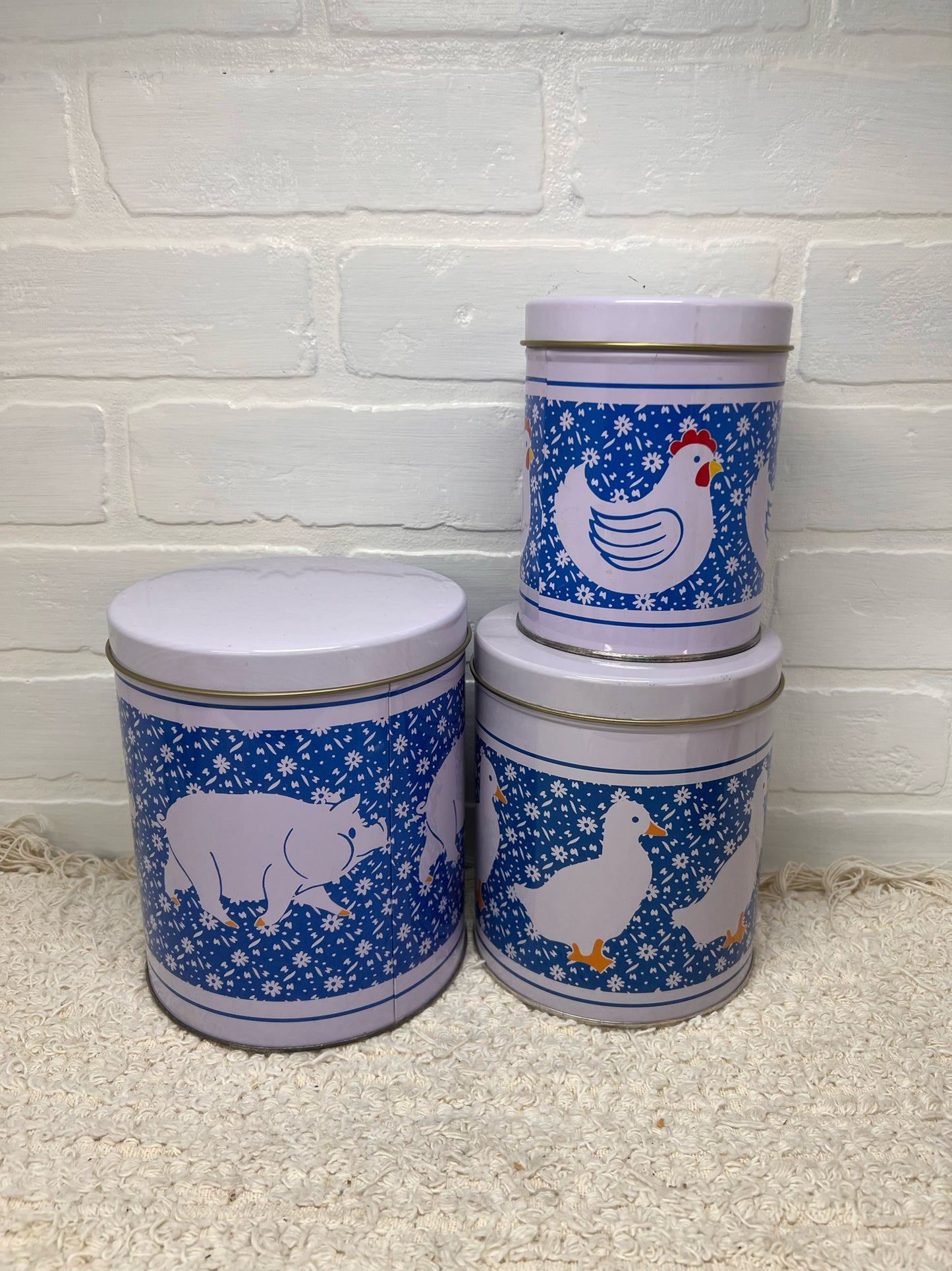 Vintage 1980's Tin Canister Trio - Pig, Duck & Chicken