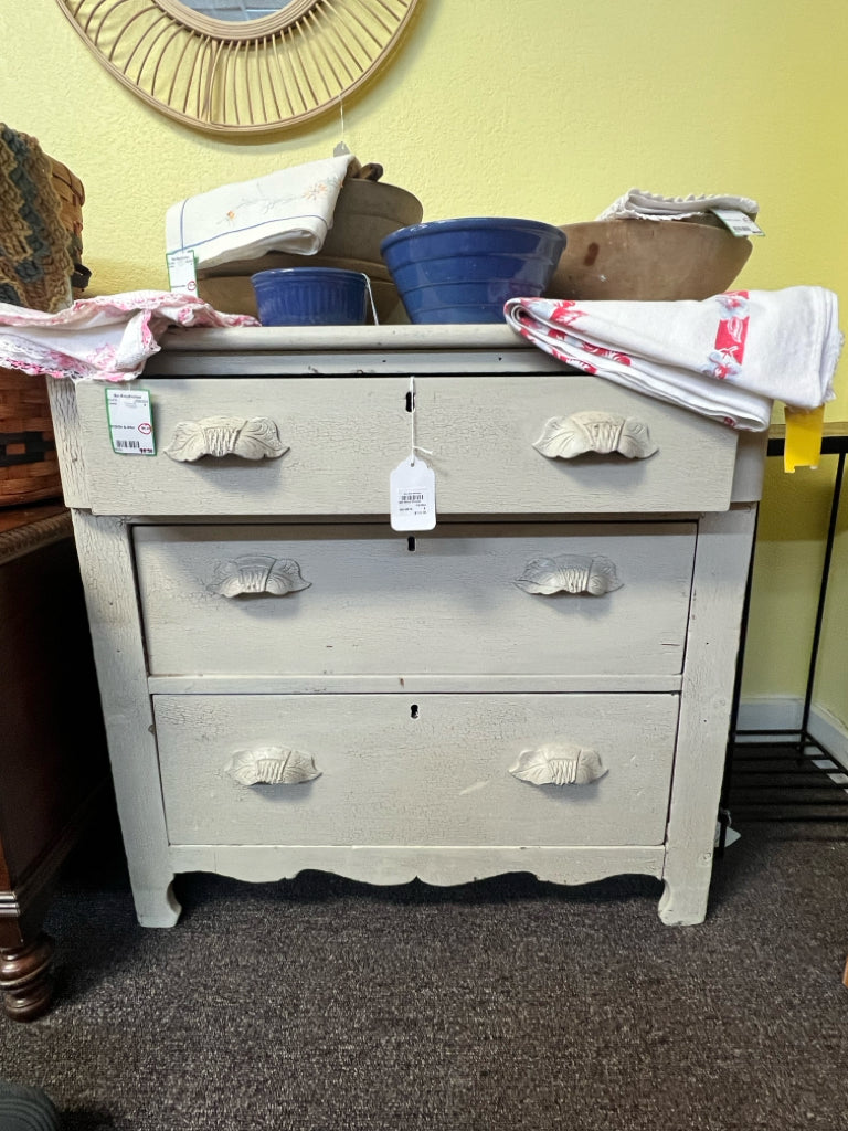 Vintage Chippy White Three Drawer Dresser