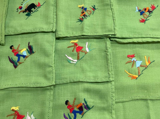 Vintage Mid-Century Embroidered Napkin Souvenir Set -Green Embroidered