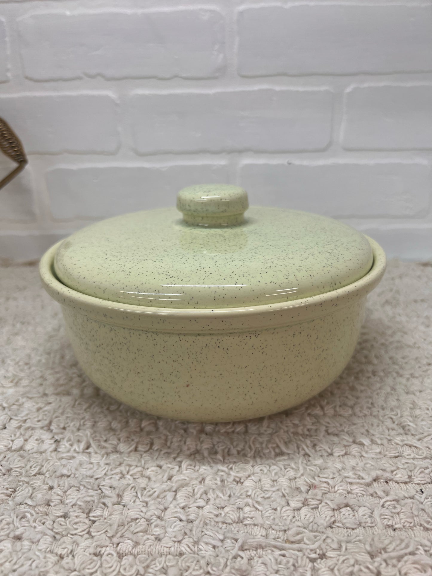 California Pottery MCM Mint Green Speckled Lidded Casserole Dish in Brass Caddy