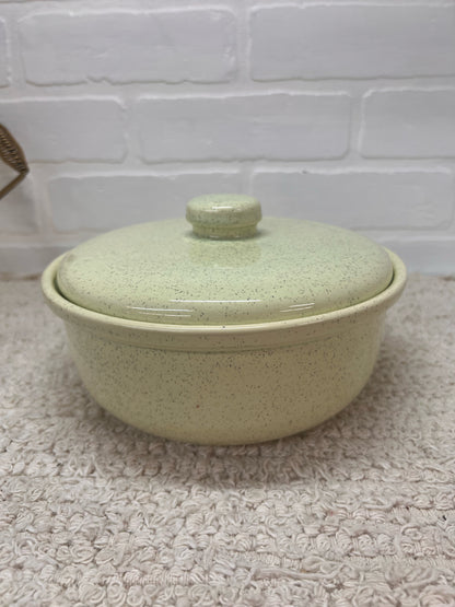 California Pottery MCM Mint Green Speckled Lidded Casserole Dish in Brass Caddy