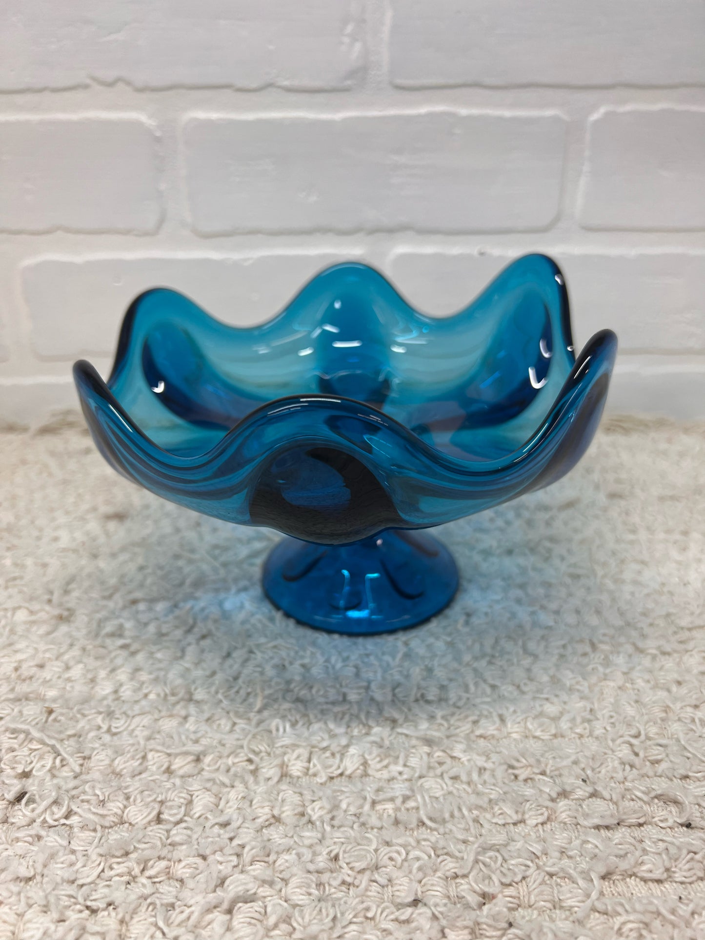 Viking Glass MCM Six Petal Blue Compote Pedastal Bowl