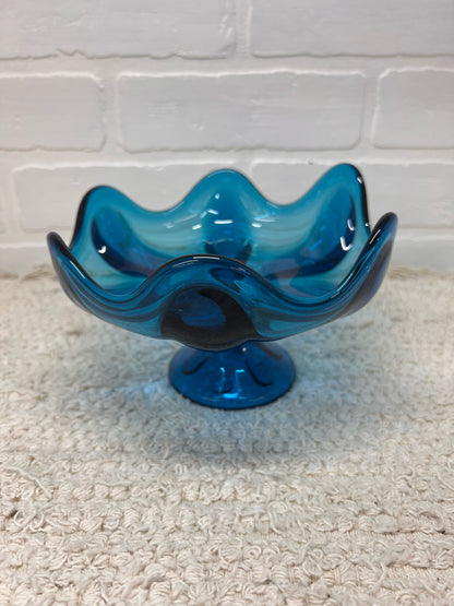 Viking Glass MCM Six Petal Blue Compote Pedastal Bowl