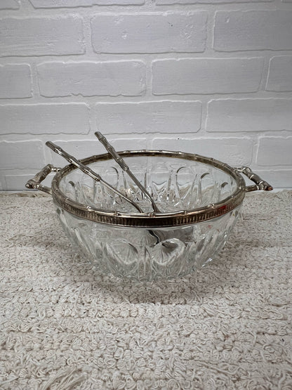 Vintage Cut Glass Serving Bowl w/ Silver Plated Trim and Serving Utensils