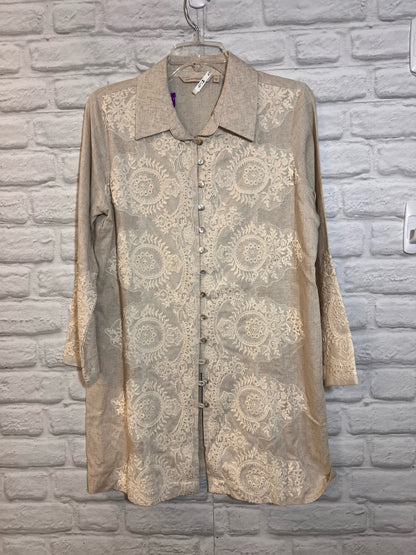 Size M Soft Surroundings Long Button Front Linen Blend Lace Detail Tunic