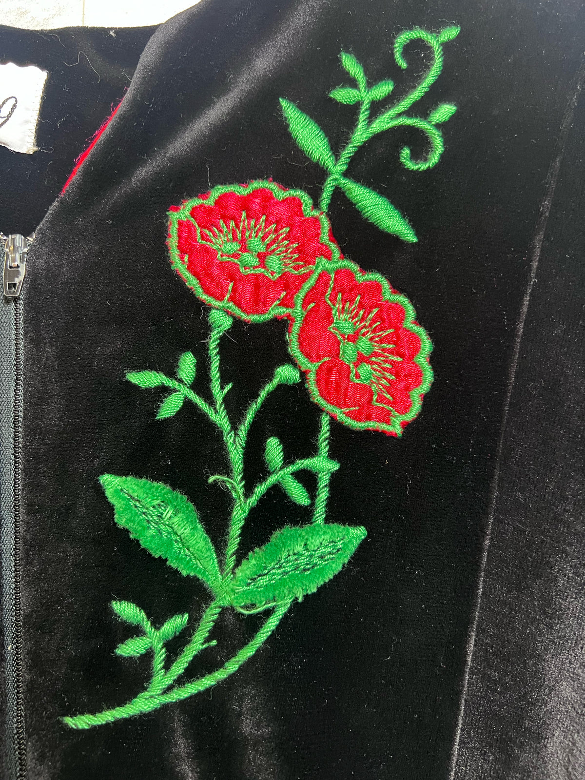 Plaza 9 Circa 1970's Black Velour Robe w/ Floral Embroidery