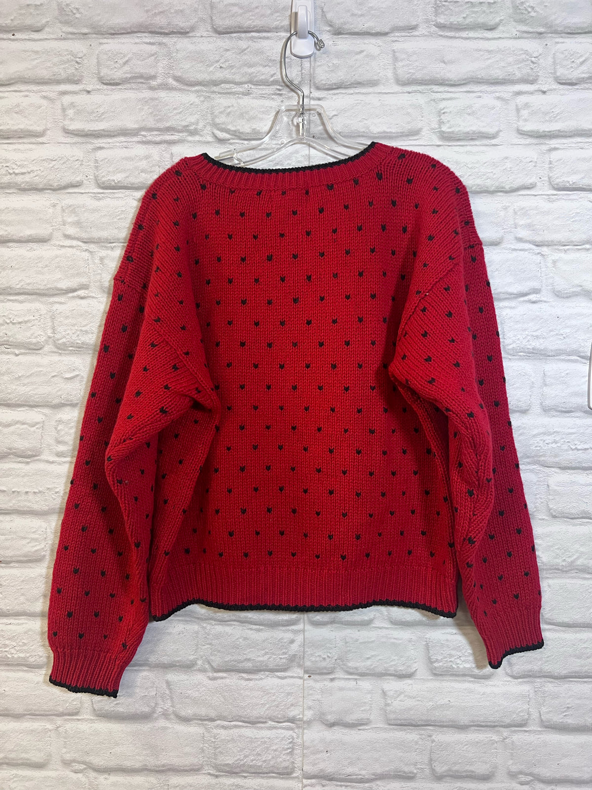 Size L Vintage 1980s Woolrich Red Wool Sweater w/ Sheet, Chicken & Moon Design