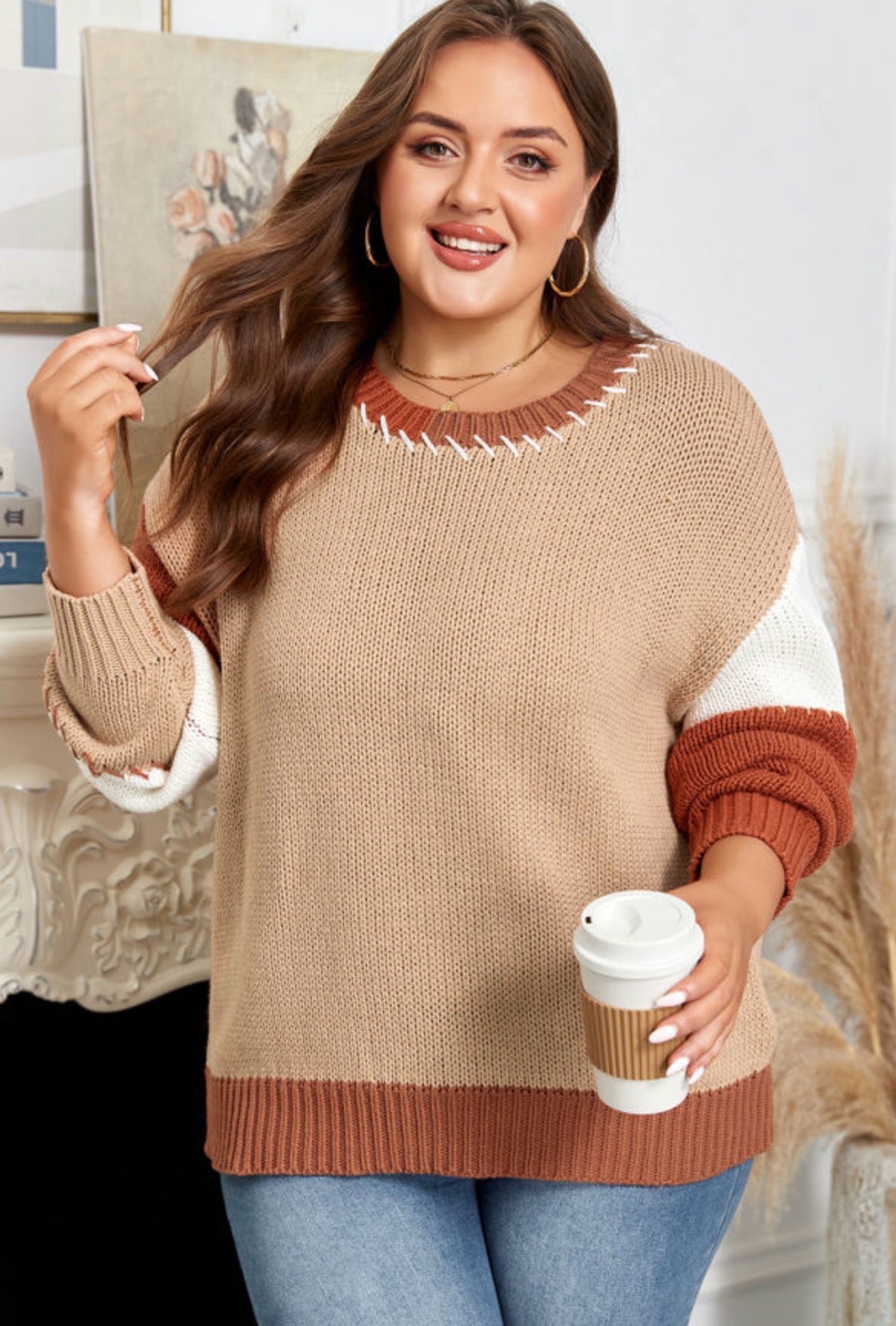 Light French Beige Contrast Stitch Detail Color Block Knit Sweater