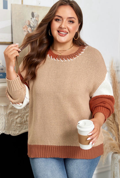 Light French Beige Contrast Stitch Detail Color Block Knit Sweater