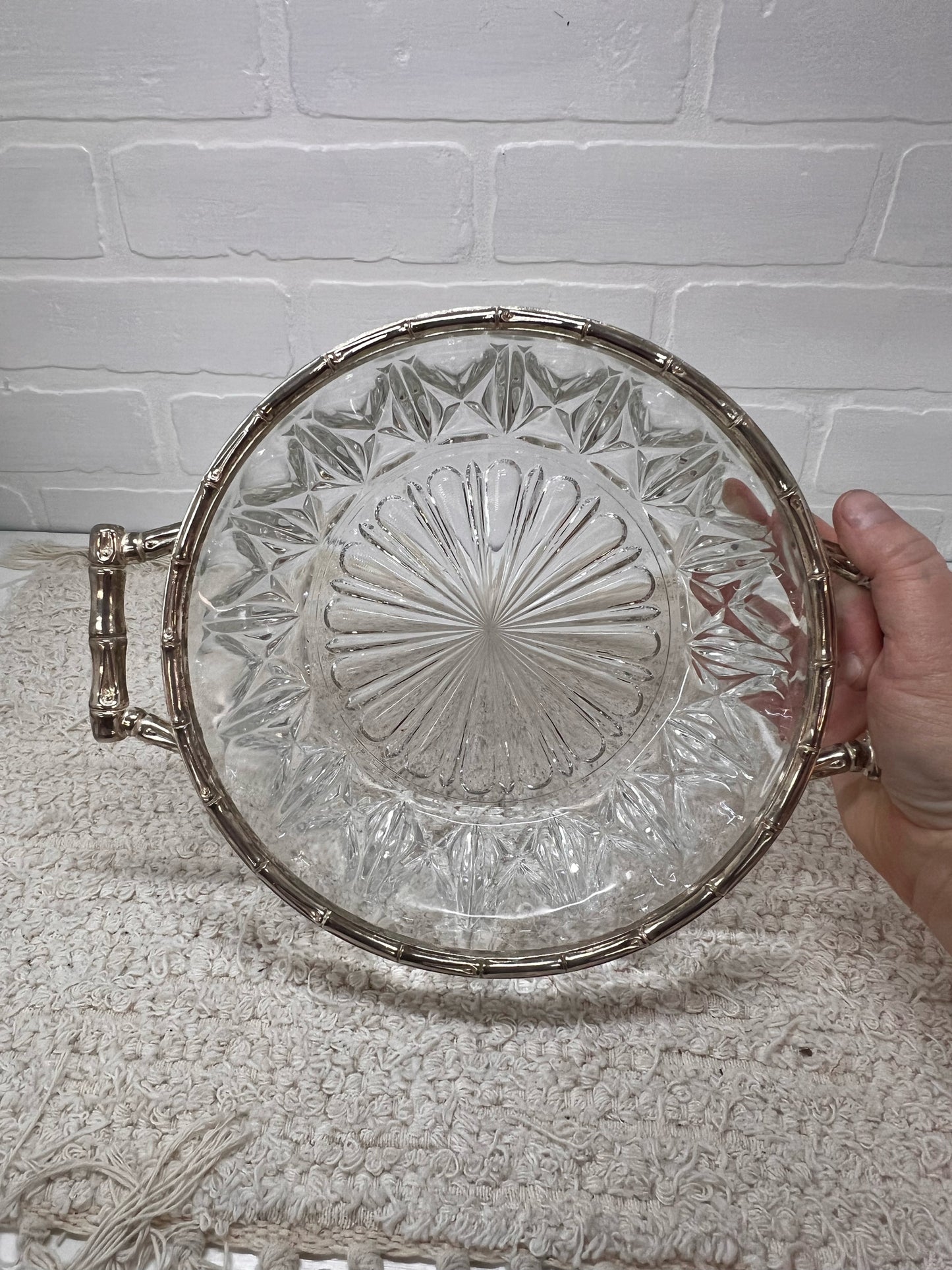 Vintage Cut Glass Serving Bowl w/ Silver Plated Trim and Serving Utensils