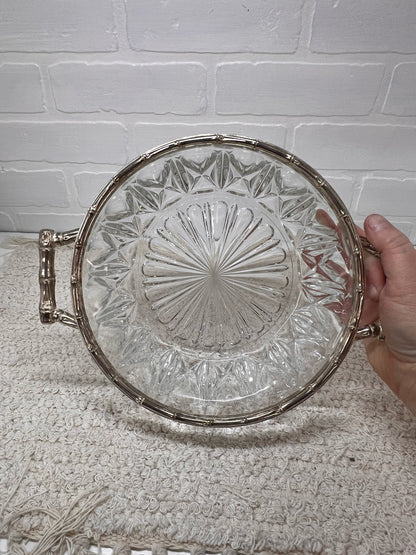 Vintage Cut Glass Serving Bowl w/ Silver Plated Trim and Serving Utensils