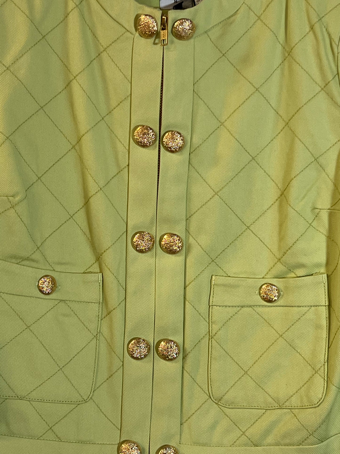 Size M CAbi Light Green Quilted Cotton Jacket w/ Gold Buttons