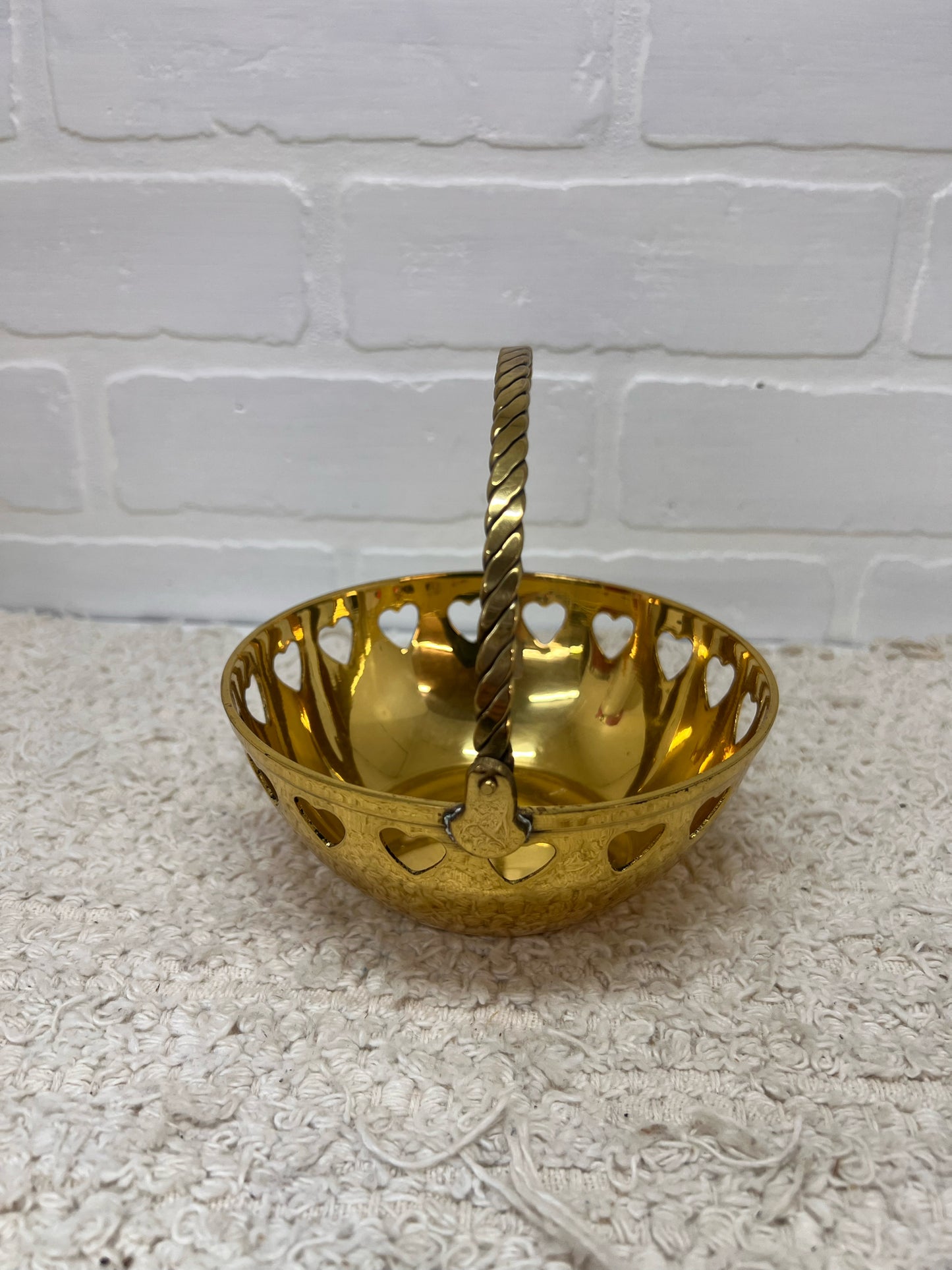 Vintage Brass Basket Bowl w/ Heart Cutouts