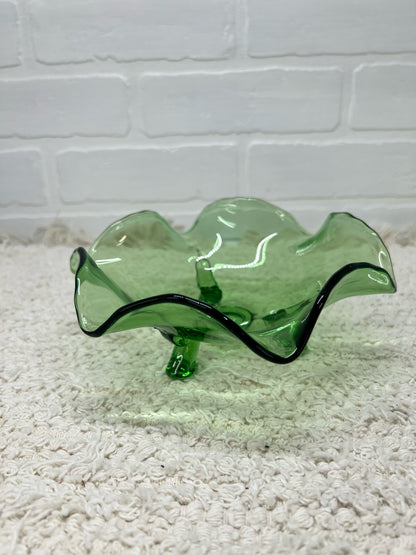 Small green glass footed bowl