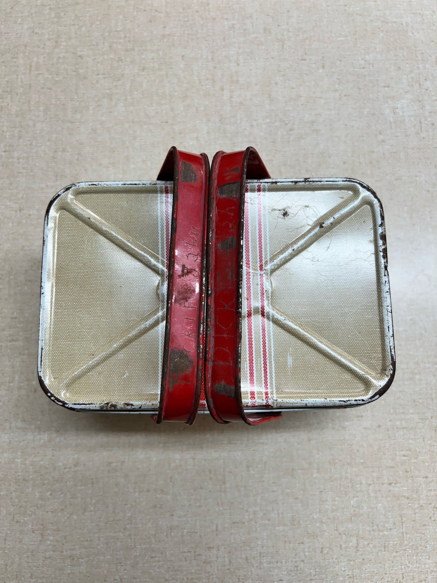 Vintage striped metal lunch tin/mini picnic basket