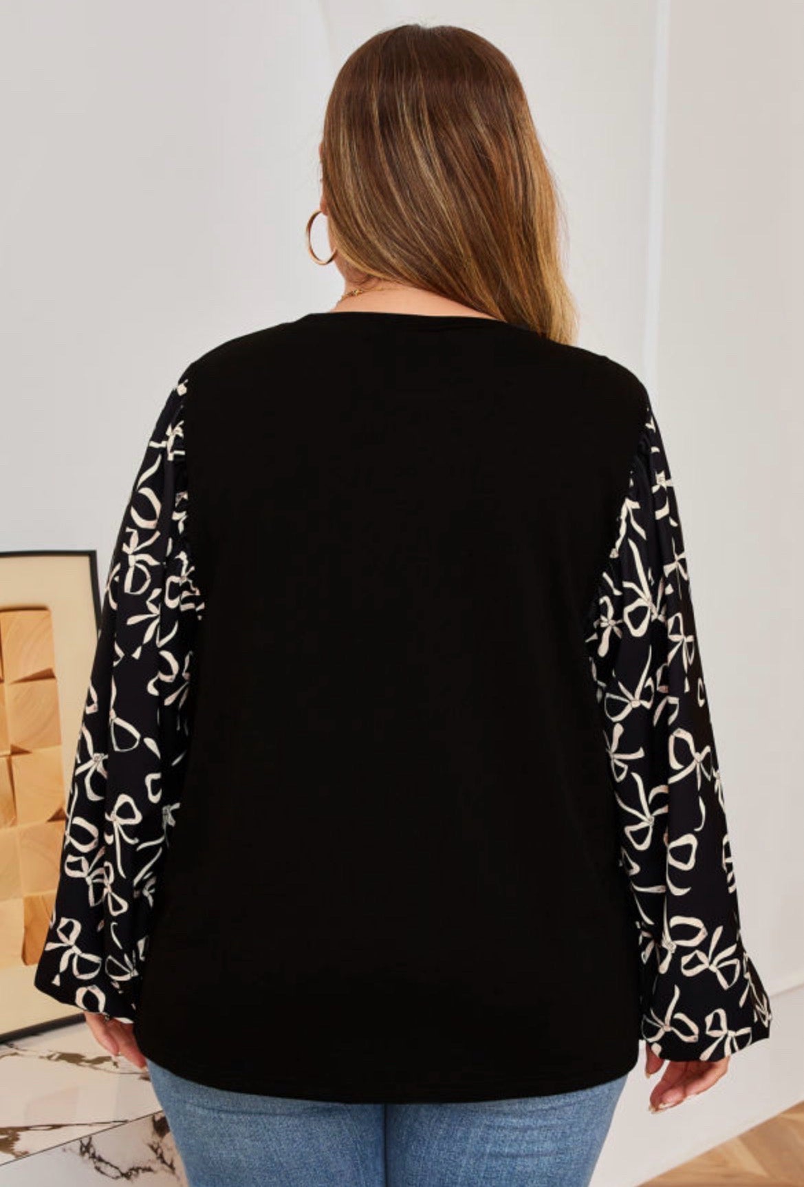 Black Bow Knot Patchework Crewneck Blouse 1X- 2X- 3X
