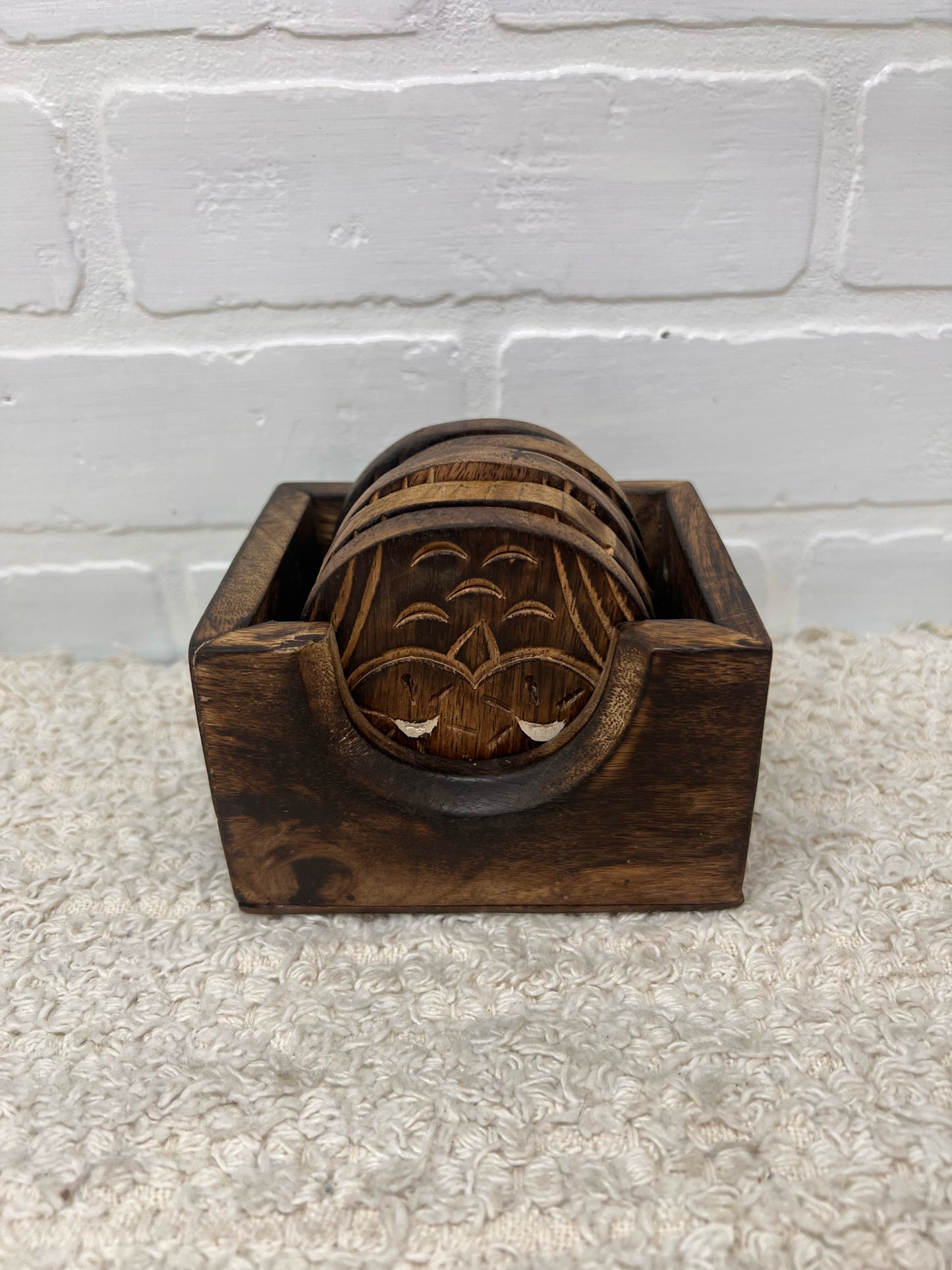 Vintage Wood Owl Coaster Set - Made in India - 6 coasters in box