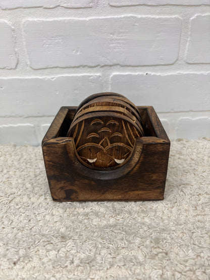 Vintage Wood Owl Coaster Set - Made in India - 6 coasters in box