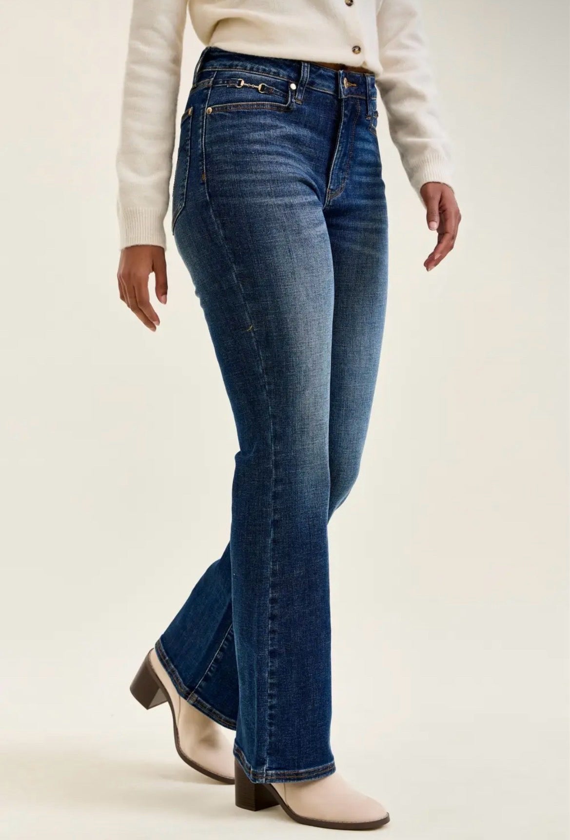Judy Blue Midrise Daisy Bootcut Jeans with Harness Trim - Dark Sunset Ride