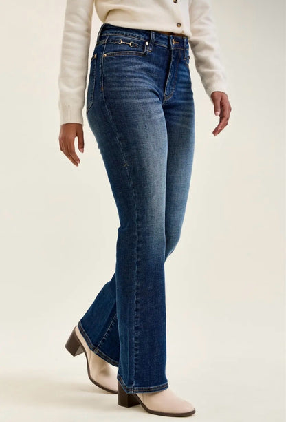 Judy Blue Midrise Daisy Bootcut Jeans with Harness Trim - Dark Sunset Ride