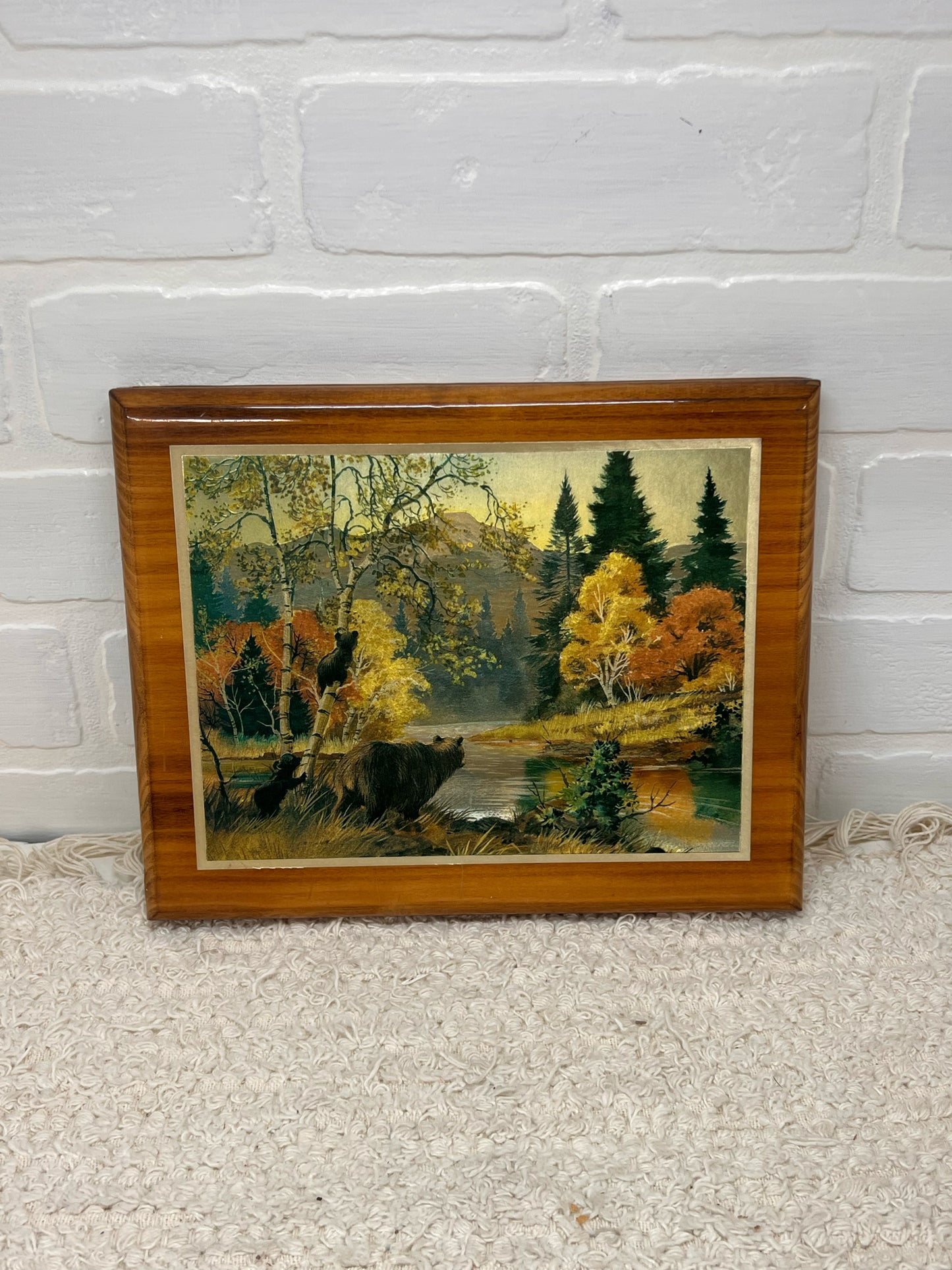 Vintage Foil Art Bear & Cubs Fall Scene on Wood