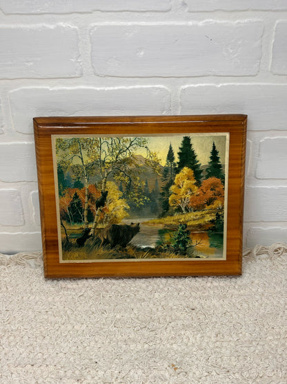 Vintage Foil Art Bear & Cubs Fall Scene on Wood