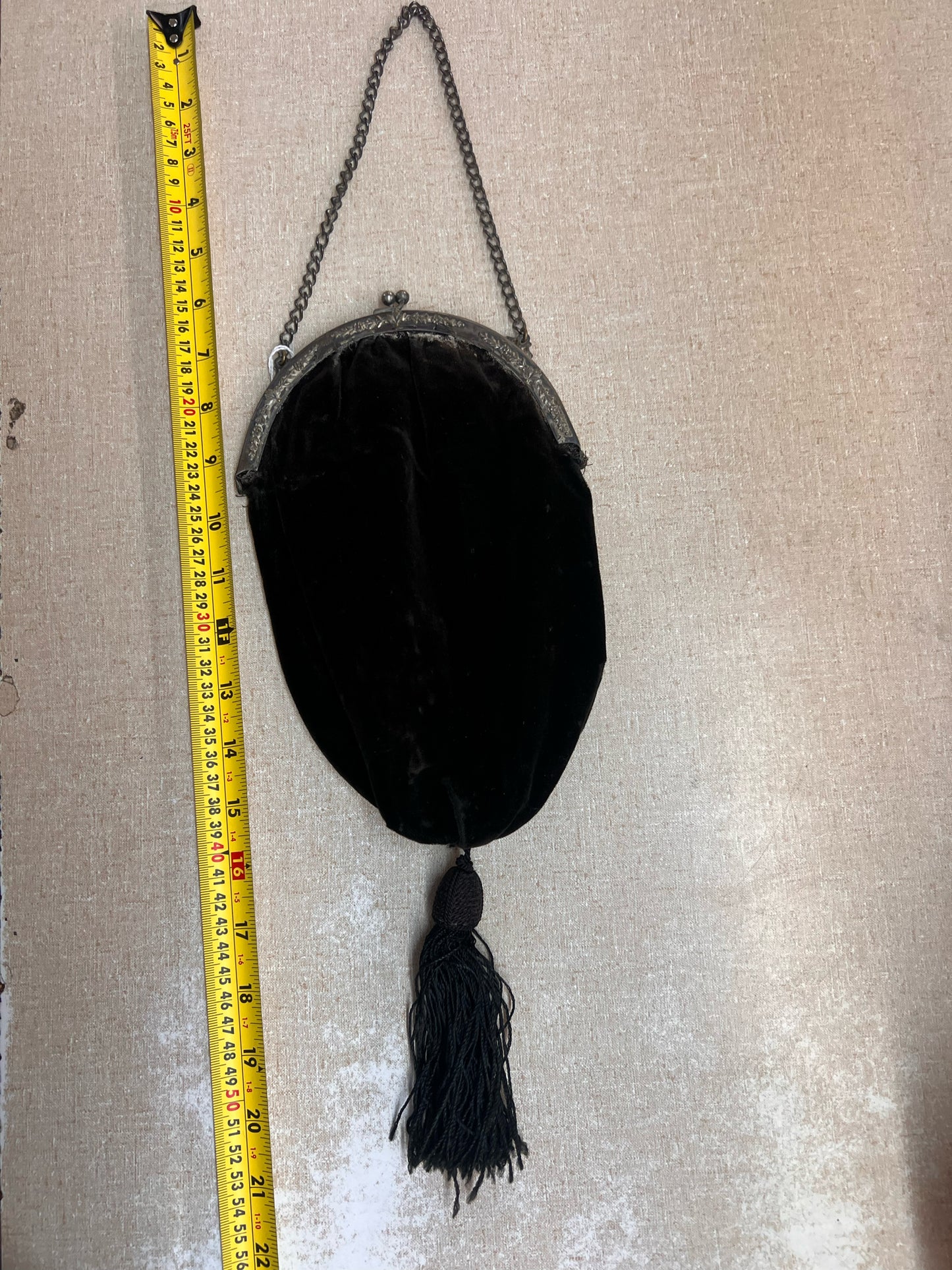 Vintage Black Velvet Tassel Purse with Ornate Silvertone Frame & Chain Handle