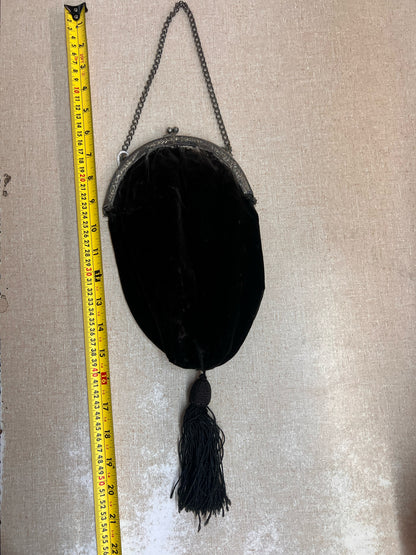 Vintage Black Velvet Tassel Purse with Ornate Silvertone Frame & Chain Handle