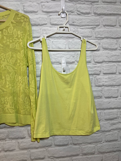 Size M CAbi Tank & Mesh Lace Long Sleeved Top in Neon Green
