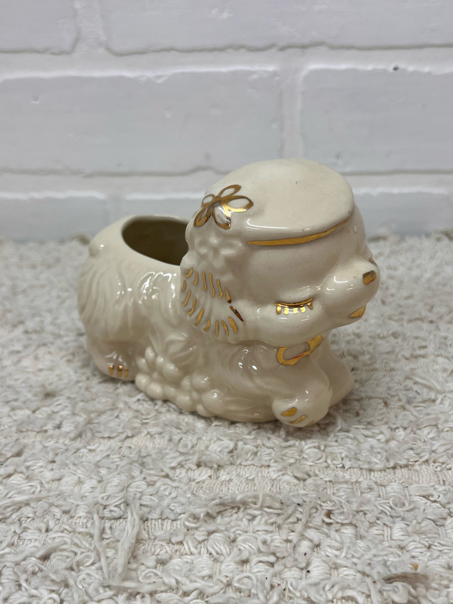 Vintage Sleeping Puppy Planter in Gold & White