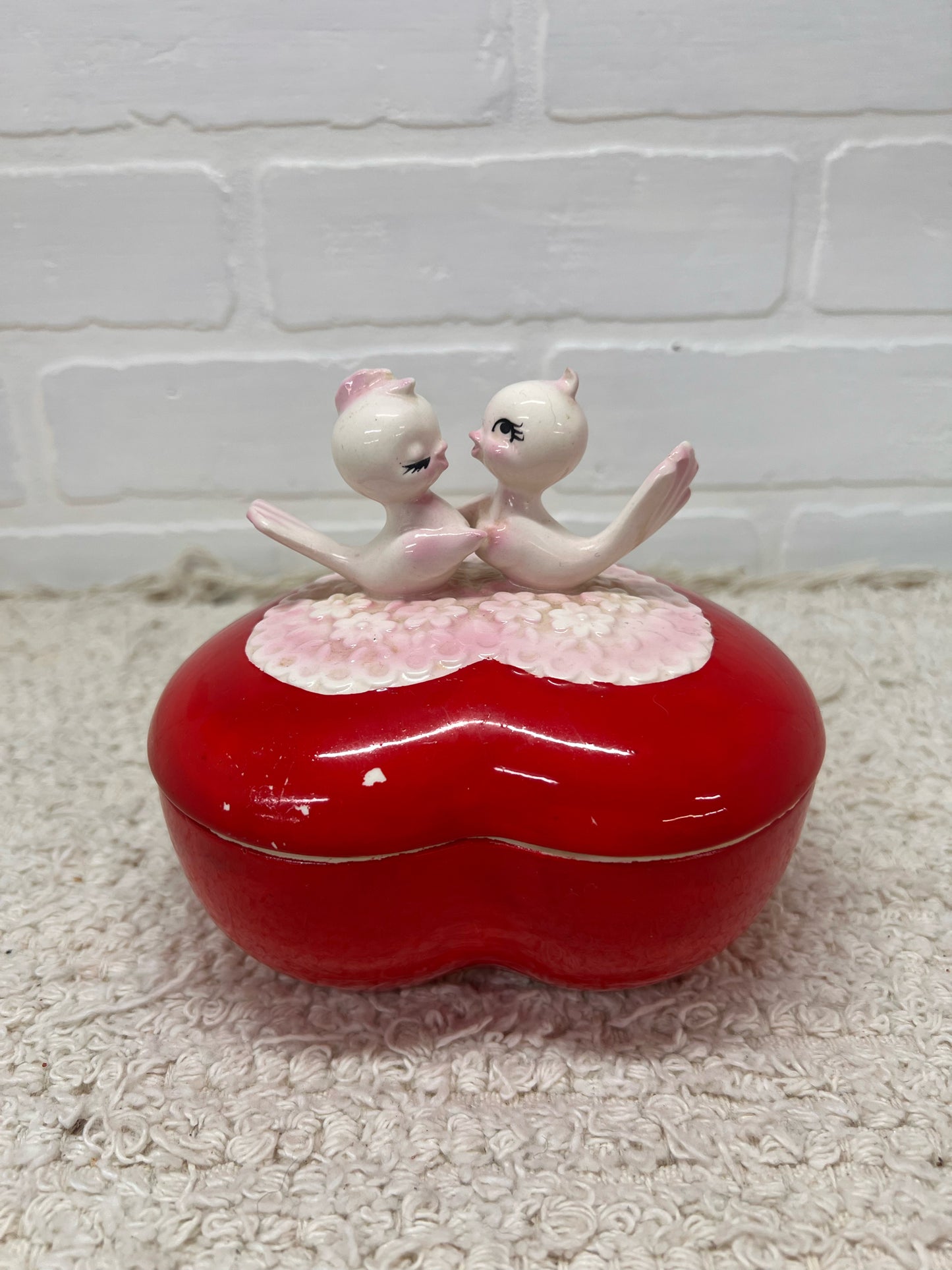 Lefton Heart-Shaped Lovebirds Candy Dish