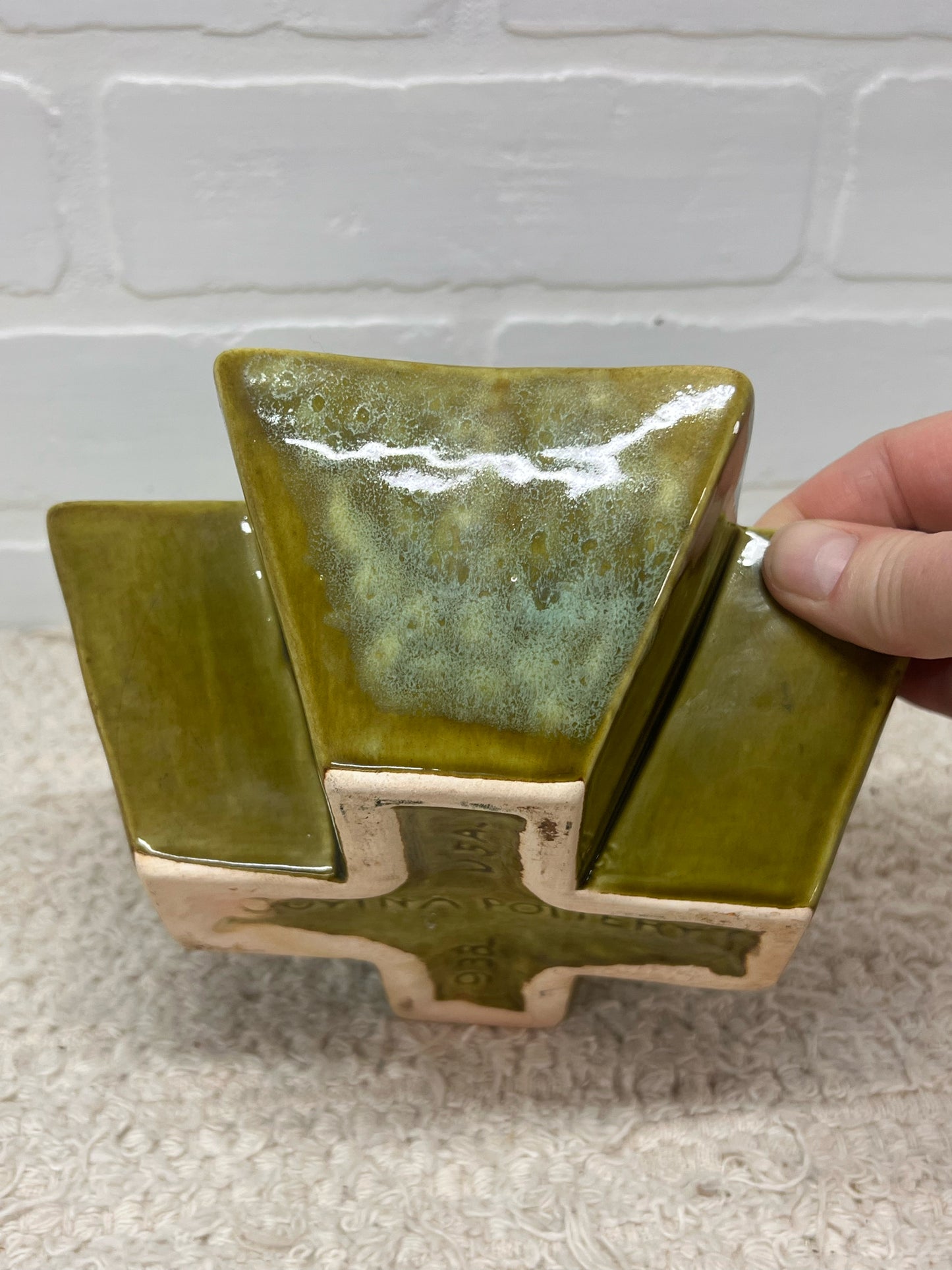 Covina Pottery Dark Green Glaze Mid-Century Cross Shaped Planter